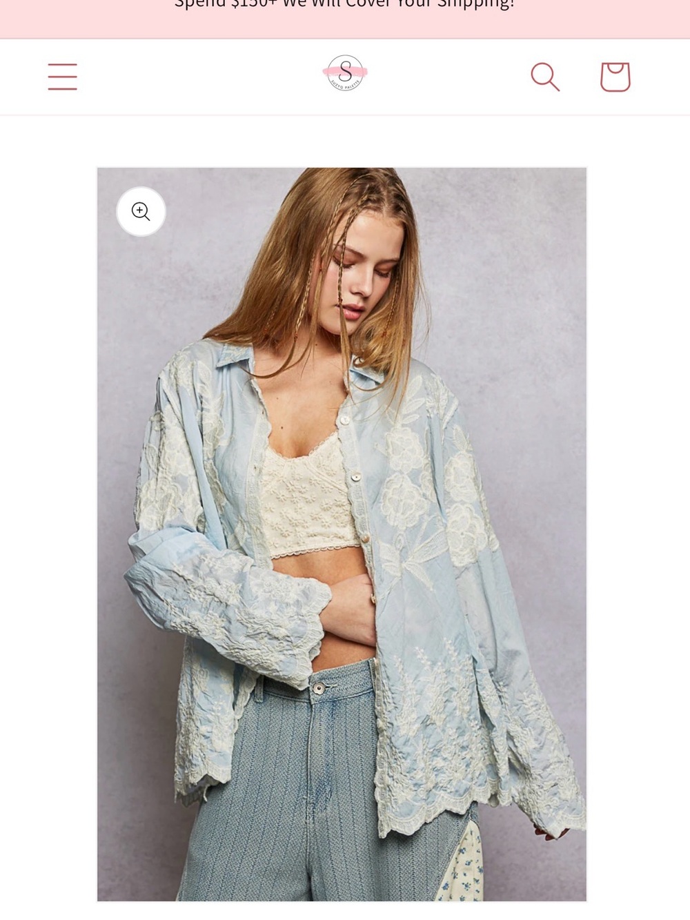 POL ONE SIZE Light Blue Button-Front Embroidered Blouse with Cream Lace